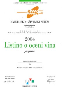 Priznanje Cabernet Sauvignon 2004 - Kmetijsko živiljski sejem Gornja Radgona